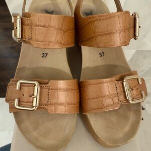 Mephisto Brown Croc-Embossed Sandals with Gold Buckles